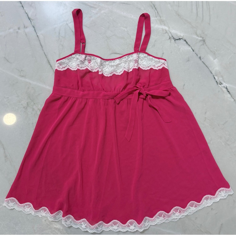 VTG Y2K Victoria's Secret Hot Pink Lace Trim Babydoll Top Chemise Bow Medium 165